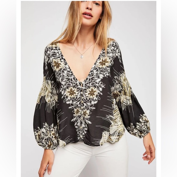 FP Free People Birds Of A Feather Combo Balloon Sleeve Button Front Top XS - Picture 2 of 13